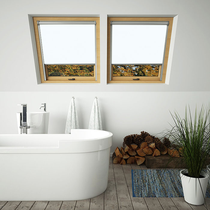 Shower proof white solar powered skylight blinds