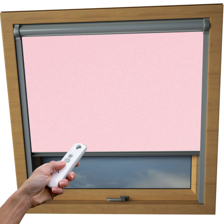 Baby Pink Dakstra Skylight Electric Window Blinds Silver Frame Detail