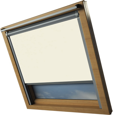 Beige VELUX Skylight Electric Window Blinds Silver Frame Side Detail