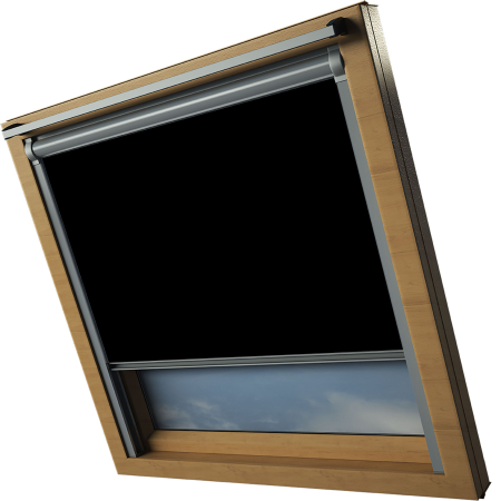 Black VELUX Skylight Electric Window Blinds Silver Frame Side Detail