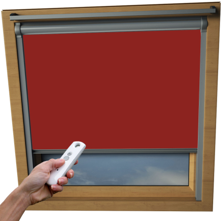 Bright Red VELUX Skylight Electric Window Blinds Silver Frame Detail