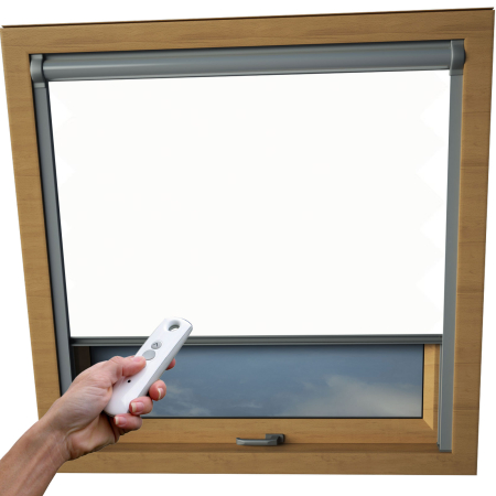 Bright White Dakea Skylight Electric Window Blinds Silver Frame Detail