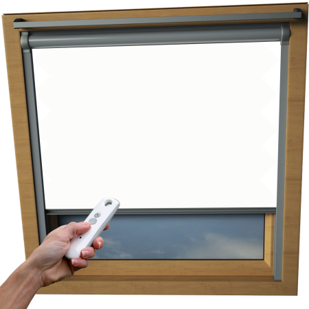 Bright White VELUX Skylight Electric Window Blinds Silver Frame Detail