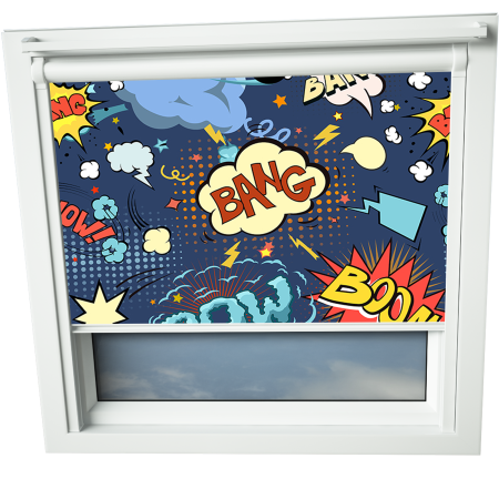 Cartoon Blue VELUX Skylight Window Blinds White Frame Detail