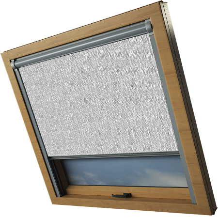 Chevron Grey Aurora Skylight Electric Window Blinds Silver Frame Side Detail