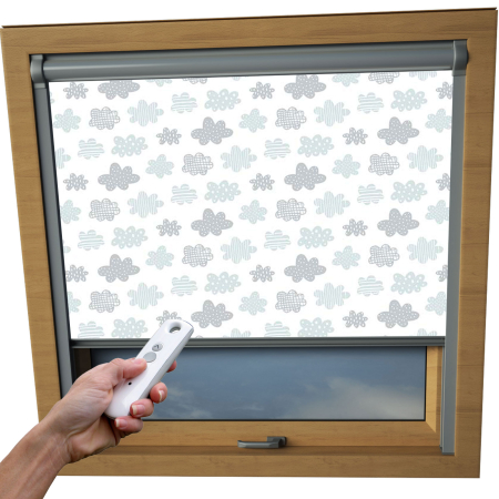 Clouds Grey Dakstra Skylight Electric Window Blinds Silver Frame Detail