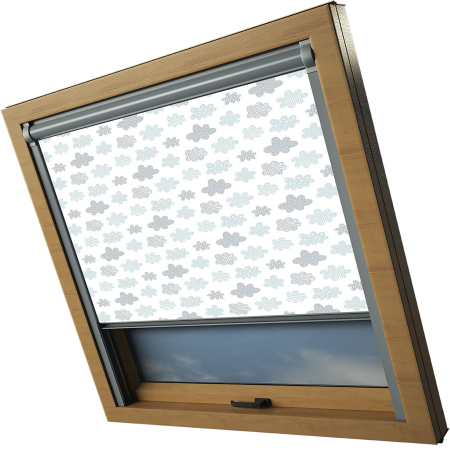 Clouds Grey Rooflite Skylight Electric Window Blinds Silver Frame Side Detail