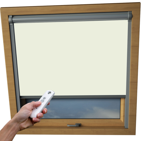 Cream Fakro Skylight Electric Window Blinds Silver Frame Detail