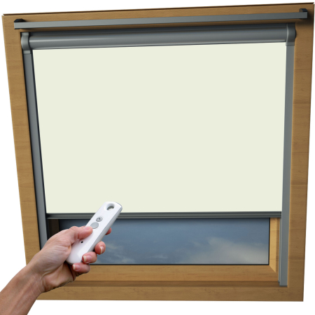 Cream VELUX Skylight Electric Window Blinds Silver Frame Detail