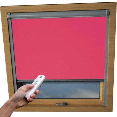 Deep Pink Rooflite Skylight Electric Window Blinds Silver Frame Detail