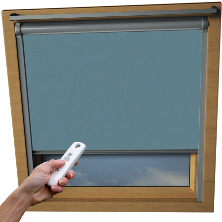 Dusky Blue VELUX Skylight Electric Window Blinds Silver Frame Detail