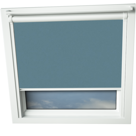 Dusky Blue VELUX Skylight Window Blinds White Frame Detail