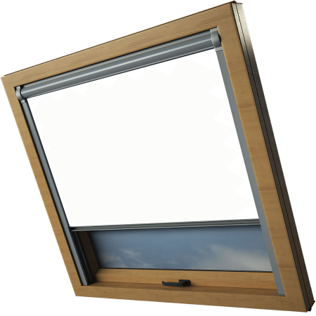 Ice White Rooflite Skylight Electric Window Blinds Silver Frame Side Detail