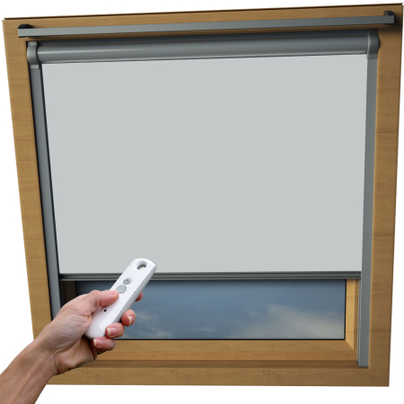 Light Grey VELUX Skylight Electric Window Blinds Silver Frame Detail