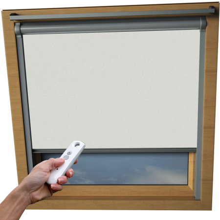 Pale Grey VELUX Skylight Electric Window Blinds Silver Frame Detail