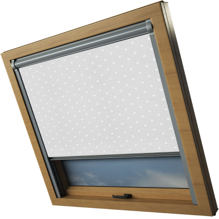 Polka Dots Grey Balio Skylight Electric Window Blinds Silver Frame Side Detail