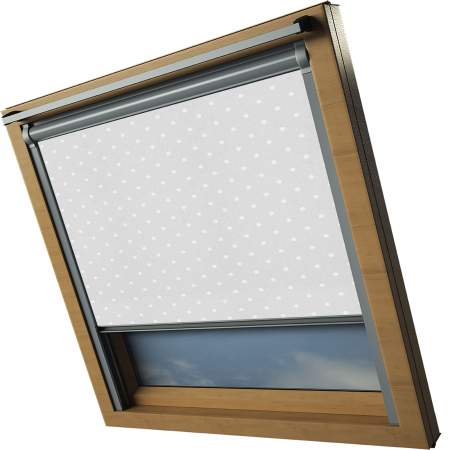 Polka Dots Grey VELUX Skylight Window Blinds Silver Frame Side Detail