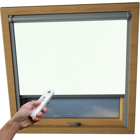 Shower Proof Beige Axis 90 Skylight Electric Window Blinds Silver Frame Detail