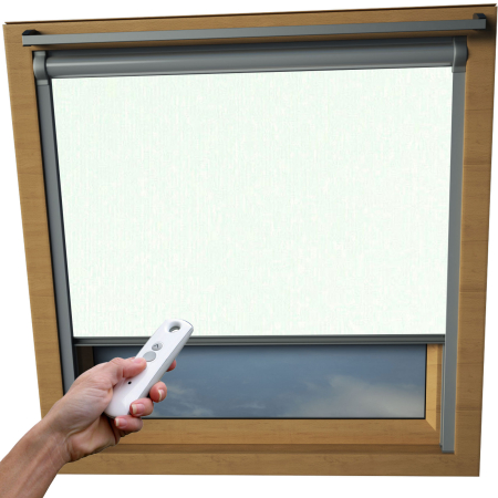 Shower Proof Beige VELUX Skylight Electric Window Blinds Silver Frame Detail