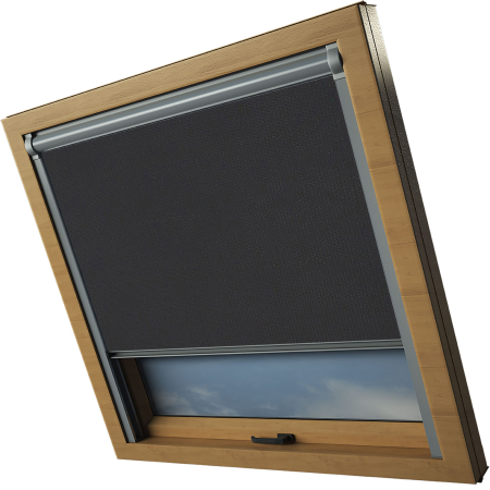 Shower Proof Black Dakstra Skylight Electric Window Blinds Silver Frame Side Detail