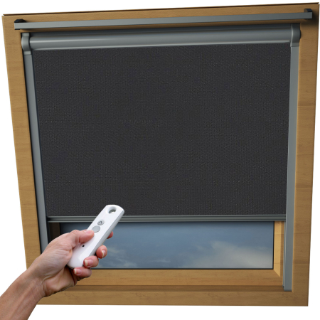 Shower Proof Black VELUX Skylight Electric Window Blinds Silver Frame Detail