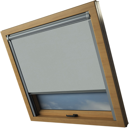 Shower Proof Grey Axis 90 Skylight Electric Window Blinds Silver Frame Side Detail