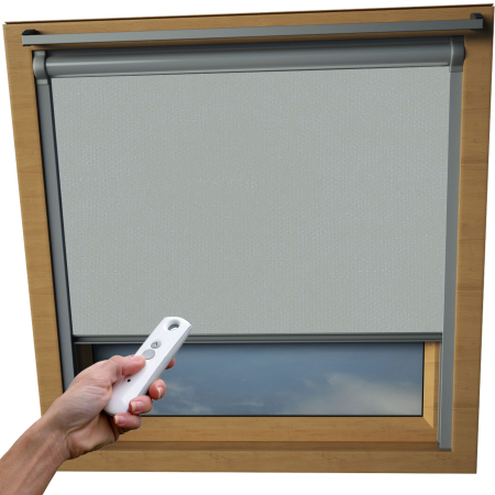 Shower Proof Grey VELUX Skylight Electric Window Blinds Silver Frame Detail