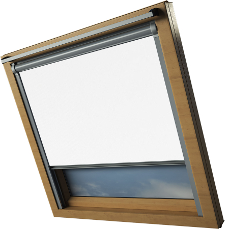 Shower Proof White VELUX Skylight Window Blinds Silver Frame Side Detail