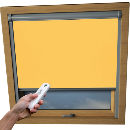 Sunflower Yellow Optilight Skylight Electric Window Blinds Silver Frame Detail