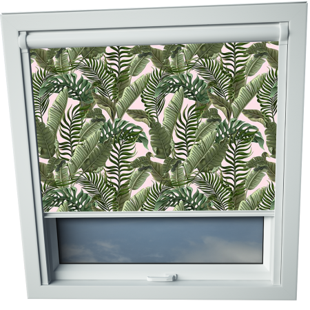 Tropical Leaves Aurora Skylight Window Blinds White Frame Detail