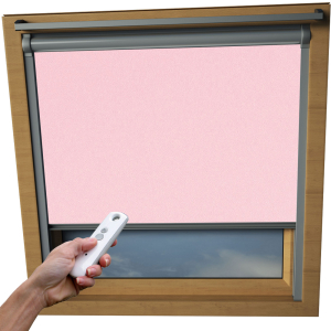 Baby Pink VELUX Skylight Electric Window Blinds Silver Frame Detail