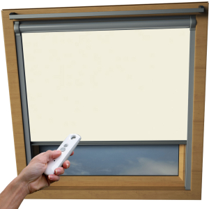 Beige VELUX Skylight Electric Window Blinds Silver Frame Detail