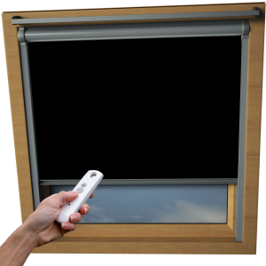 Black VELUX Skylight Electric Window Blinds Silver Frame Detail