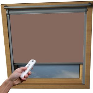 Mocha VELUX Skylight Electric Window Blinds Silver Frame Detail