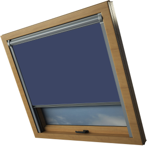 Navy Rooflite Skylight Electric Window Blinds Silver Frame Side Detail