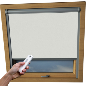 Pale Grey Aurora Skylight Electric Window Blinds Silver Frame Detail