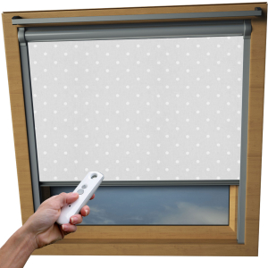 Polka Dots Grey VELUX Skylight Electric Window Blinds Silver Frame Detail