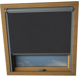 Shower Proof Black Dakstra Skylight Window Blinds Silver Frame Detail