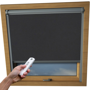 Shower Proof Black Duratech Skylight Electric Window Blinds Silver Frame Detail