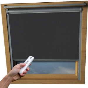 Shower Proof Black VELUX Skylight Electric Window Blinds Silver Frame Detail