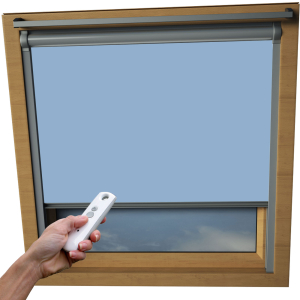 Sky Blue VELUX Skylight Electric Window Blinds Silver Frame Detail