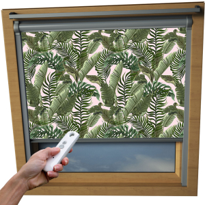 Tropical Leaves VELUX Skylight Electric Window Blinds Silver Frame Detail